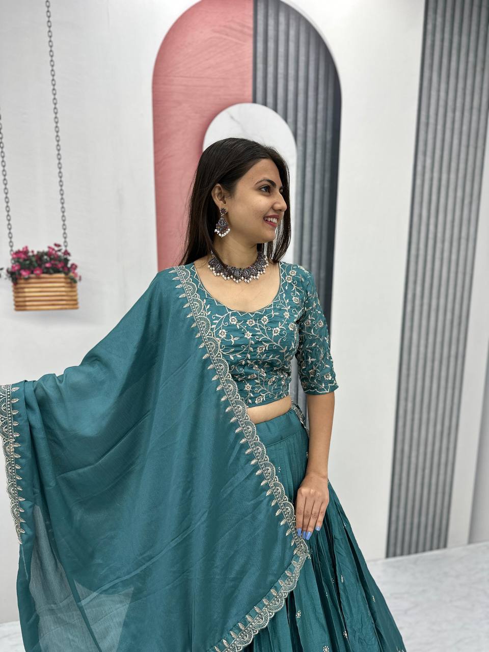 Teeya Creation Teal Color Chinon Silk Embroidery Work Fully Stitched Lehenga Choli - Distacart