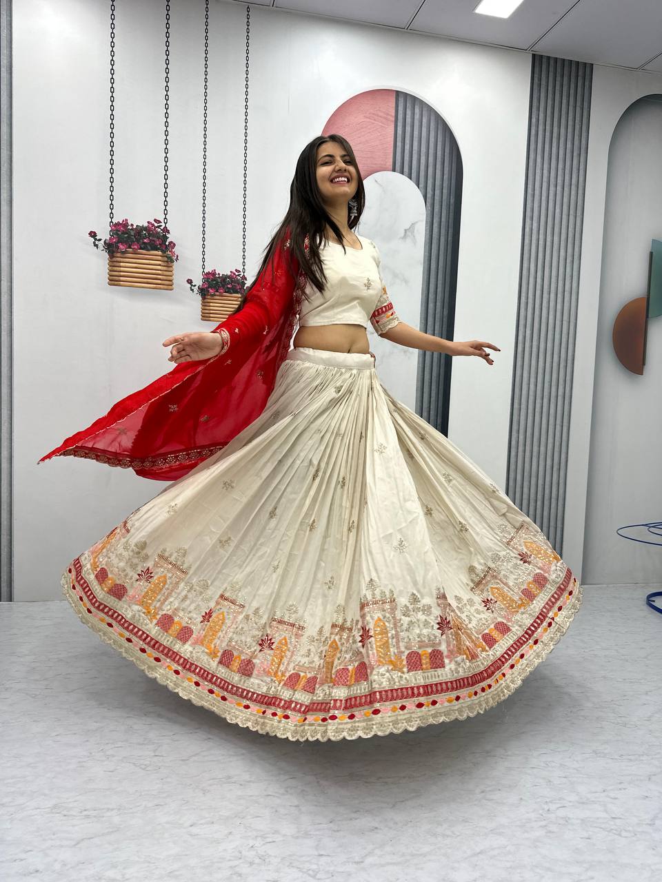 Teeya Creation Cream Color Banarasi Silk Heavy Embroidery Work Fully Stitched Lehenga Choli - Distacart