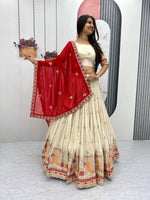 Thumbnail for Teeya Creation Cream Color Banarasi Silk Heavy Embroidery Work Fully Stitched Lehenga Choli - Distacart