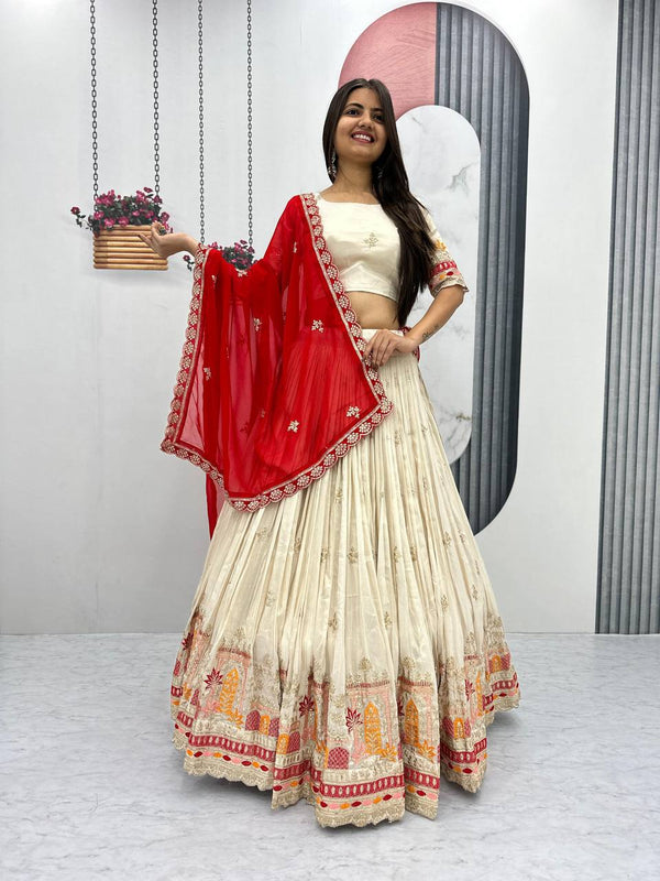 Teeya Creation Cream Color Banarasi Silk Heavy Embroidery Work Fully Stitched Lehenga Choli - Distacart