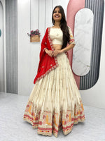 Thumbnail for Teeya Creation Cream Color Banarasi Silk Heavy Embroidery Work Fully Stitched Lehenga Choli - Distacart