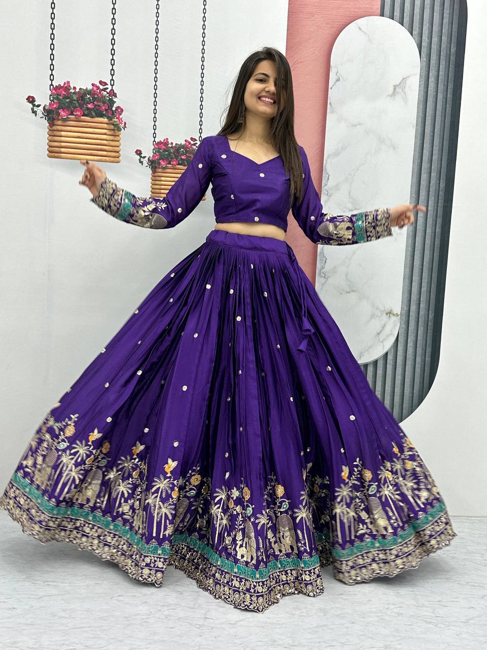 Teeya Creation Purple Color Chinon Silk Embroidery Work Fully Stitched Lehenga Choli - Distacart