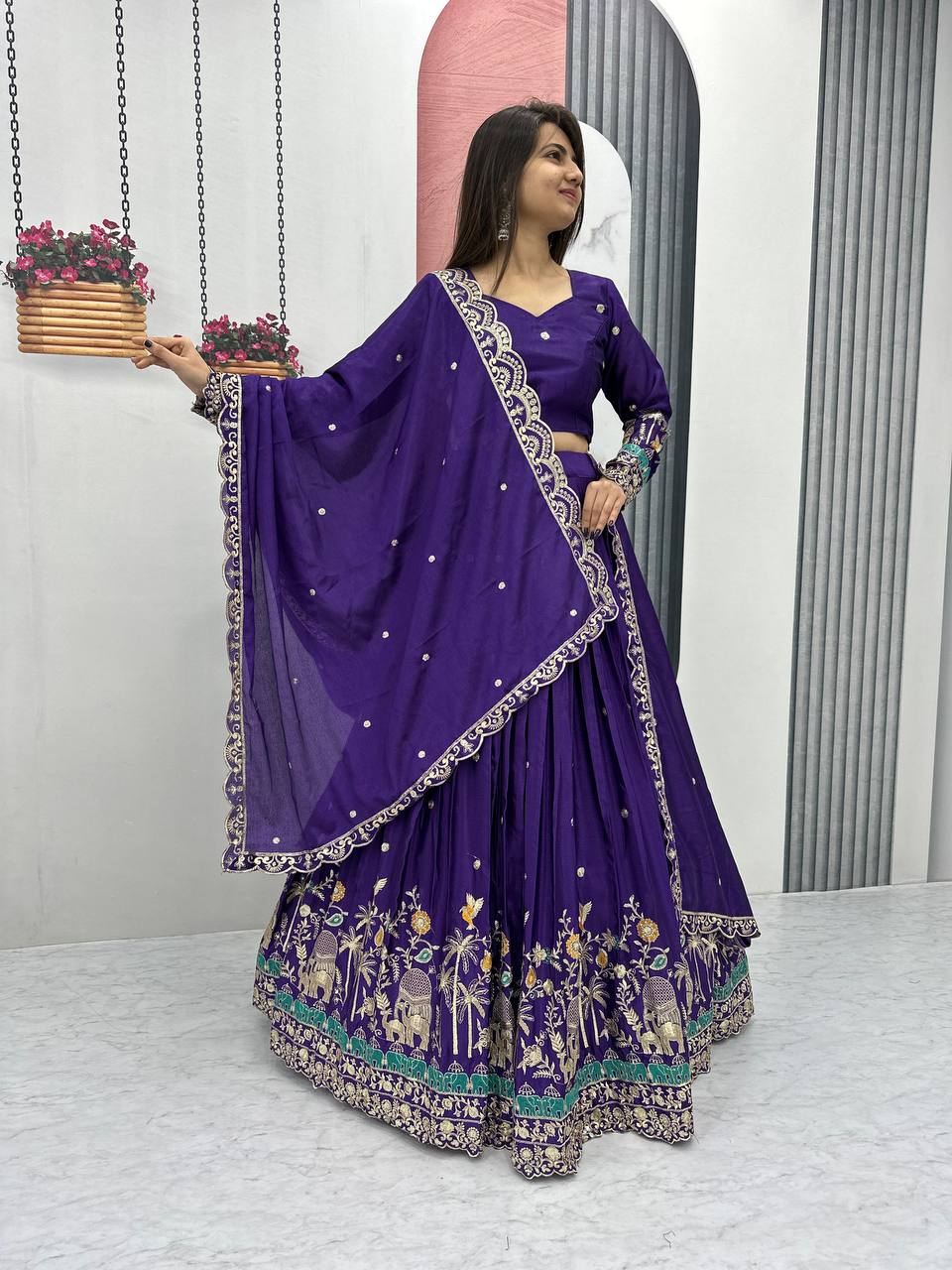 Teeya Creation Purple Color Chinon Silk Embroidery Work Fully Stitched Lehenga Choli - Distacart