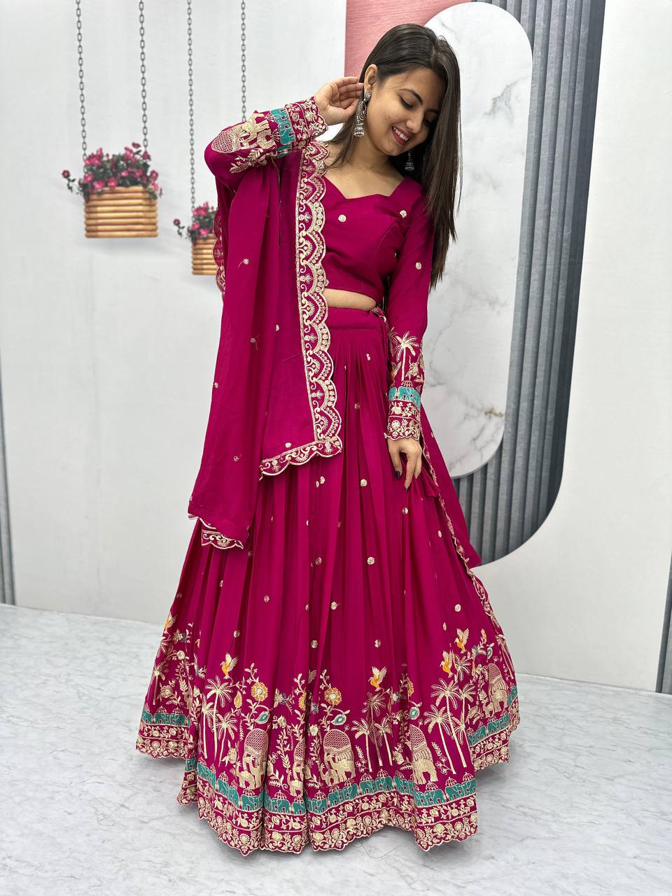Teeya Creation Rani Color Chinon Silk Embroidery Work Fully Stitched Lehenga Choli - Distacart