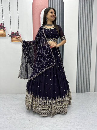 Teeya Creation Dark Purple Color Faux Georgette Embroidery Work Fully Stitched Lehenga Choli - Distacart