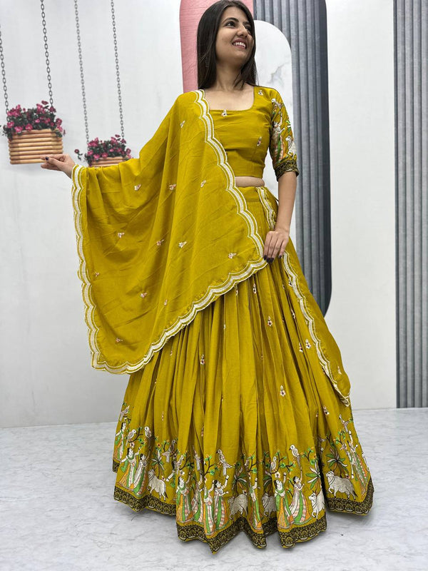Teeya Creation Mustard Color Chinon Silk Heavy Embroidery Work Fully Stitched Lehenga Choli - Distacart
