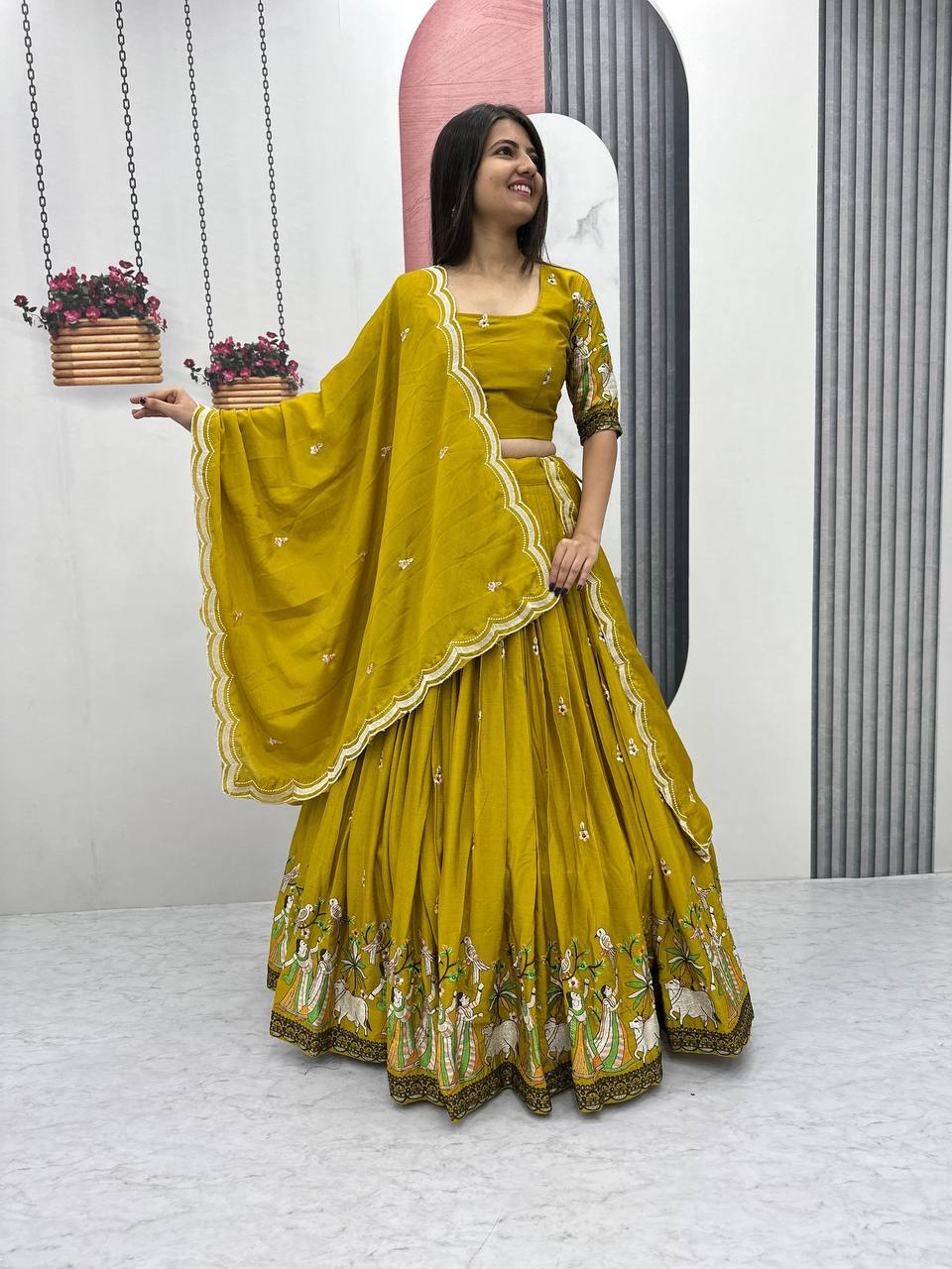 Teeya Creation Mustard Color Chinon Silk Heavy Embroidery Work Fully Stitched Lehenga Choli - Distacart