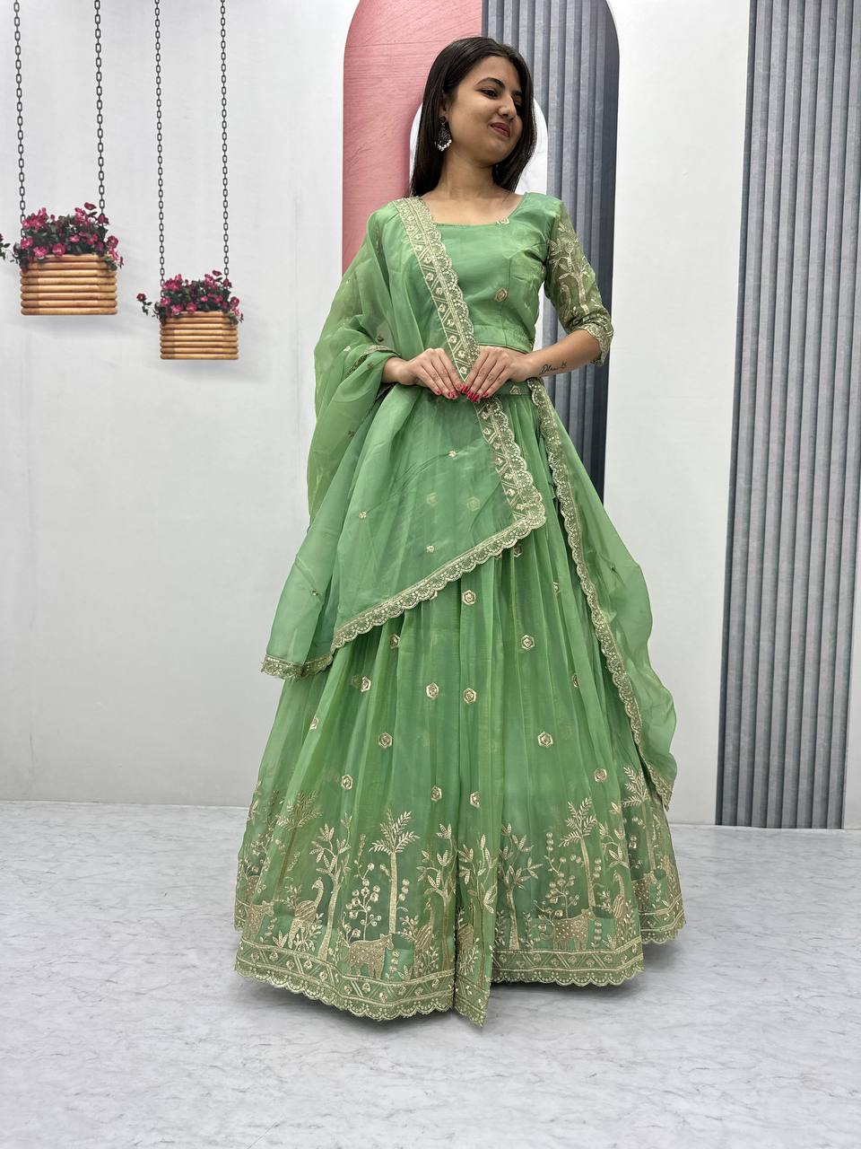 Teeya Creation Parrot Green Color Gold Crush Embroidery Work Fully Stitched Lehenga Choli - Distacart