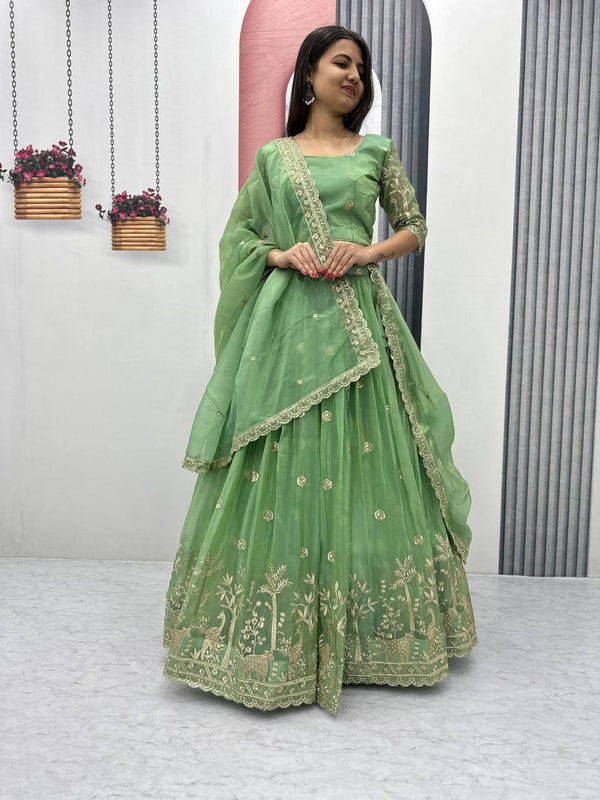Teeya Creation Parrot Green Color Gold Crush Embroidery Work Fully Stitched Lehenga Choli - Distacart