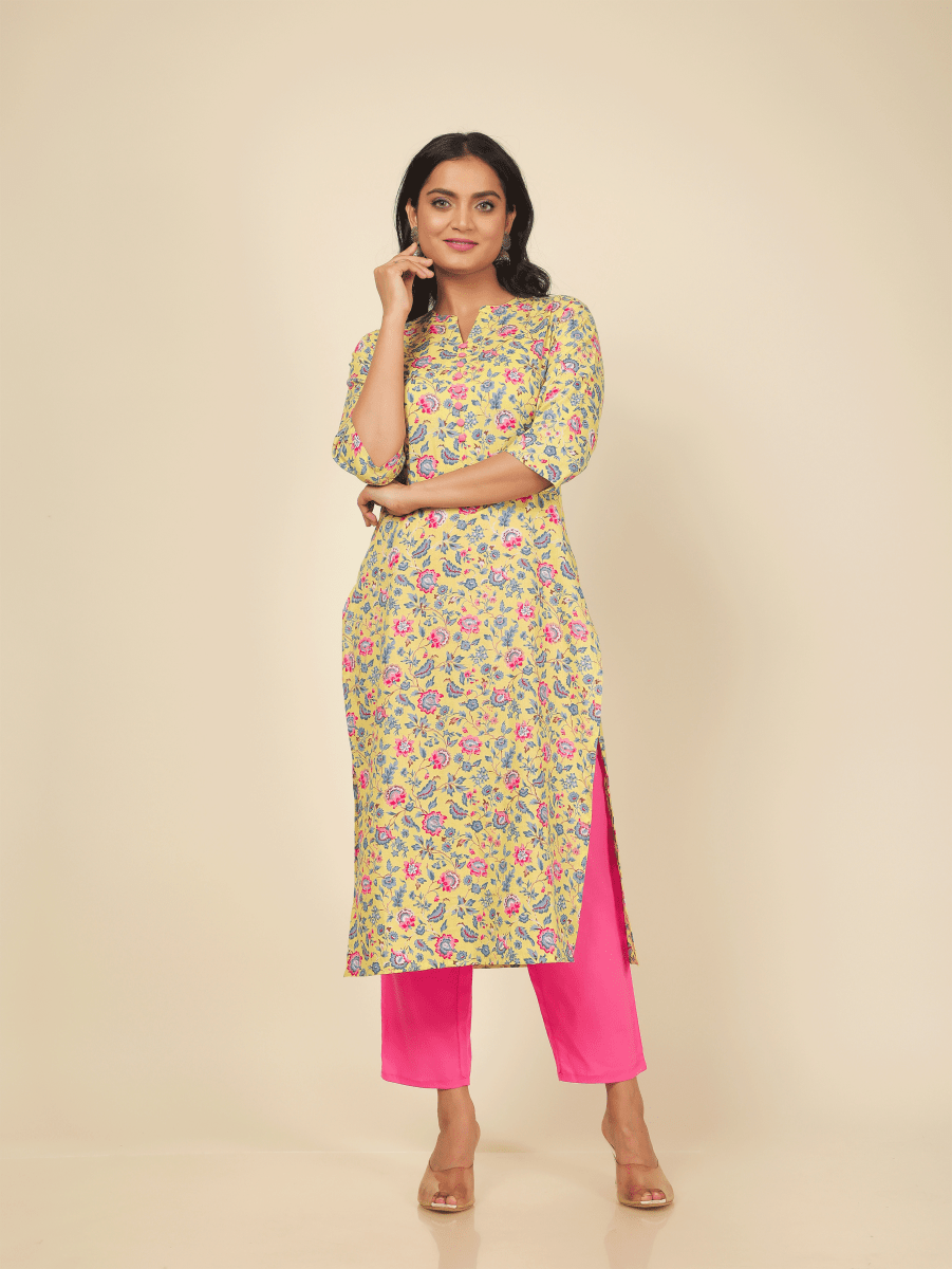 Aramya Straight Soft Cotton Floral Print Women's Kurta - Yellow - Distacart