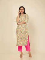 Thumbnail for Aramya Straight Soft Cotton Floral Print Women's Kurta - Yellow - Distacart