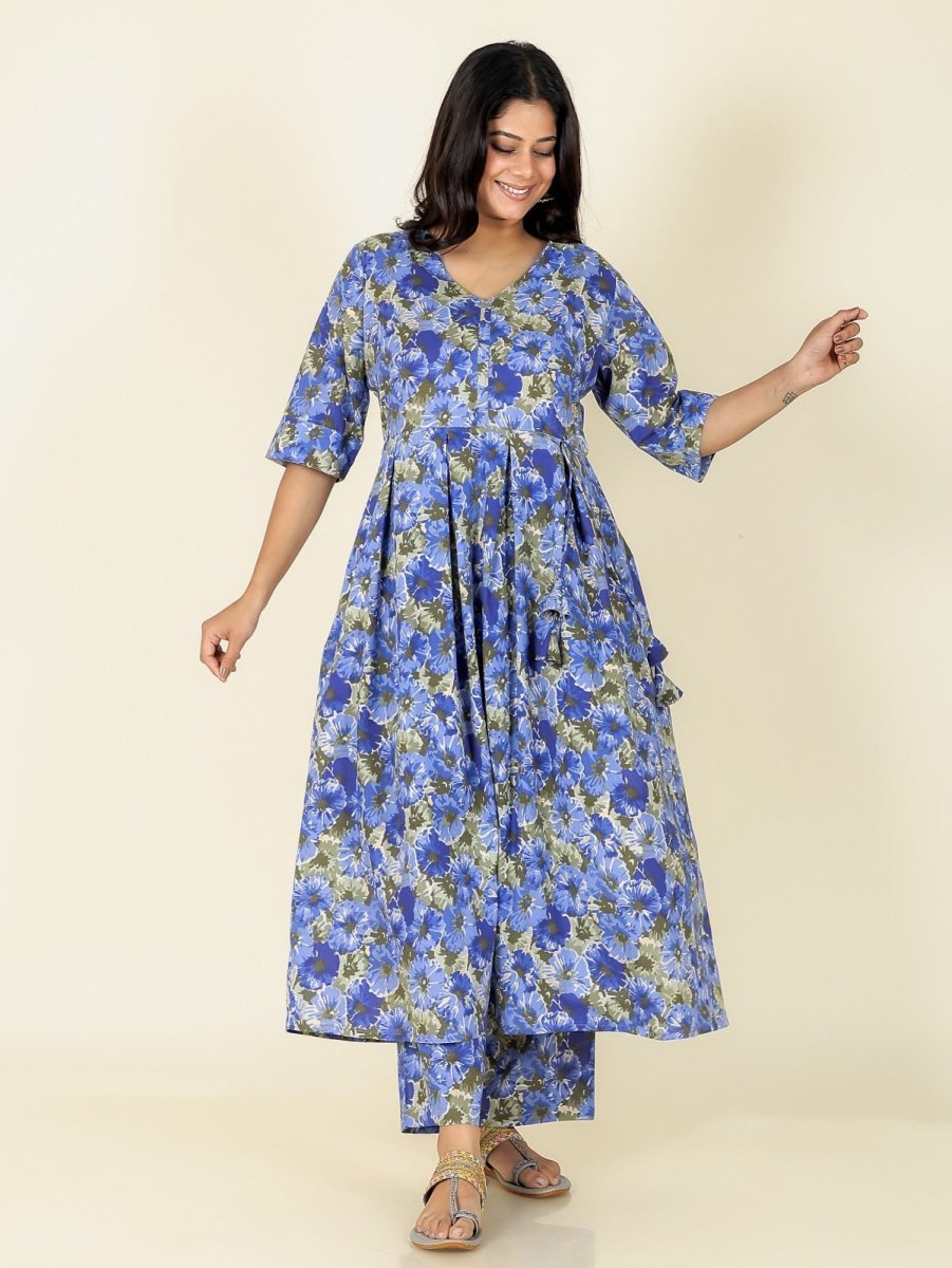 Aramya A-line Soft Cotton Gold foil Print Women's Kurta Set - Blue - Distacart