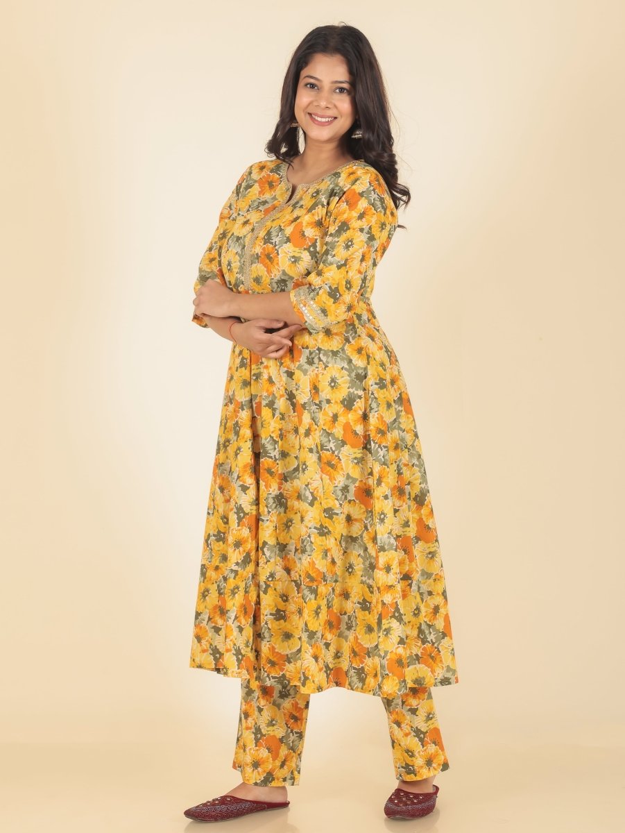 Aramya Anarkali Soft Cotton Floral Print Women's Kurta - Yellow - Distacart
