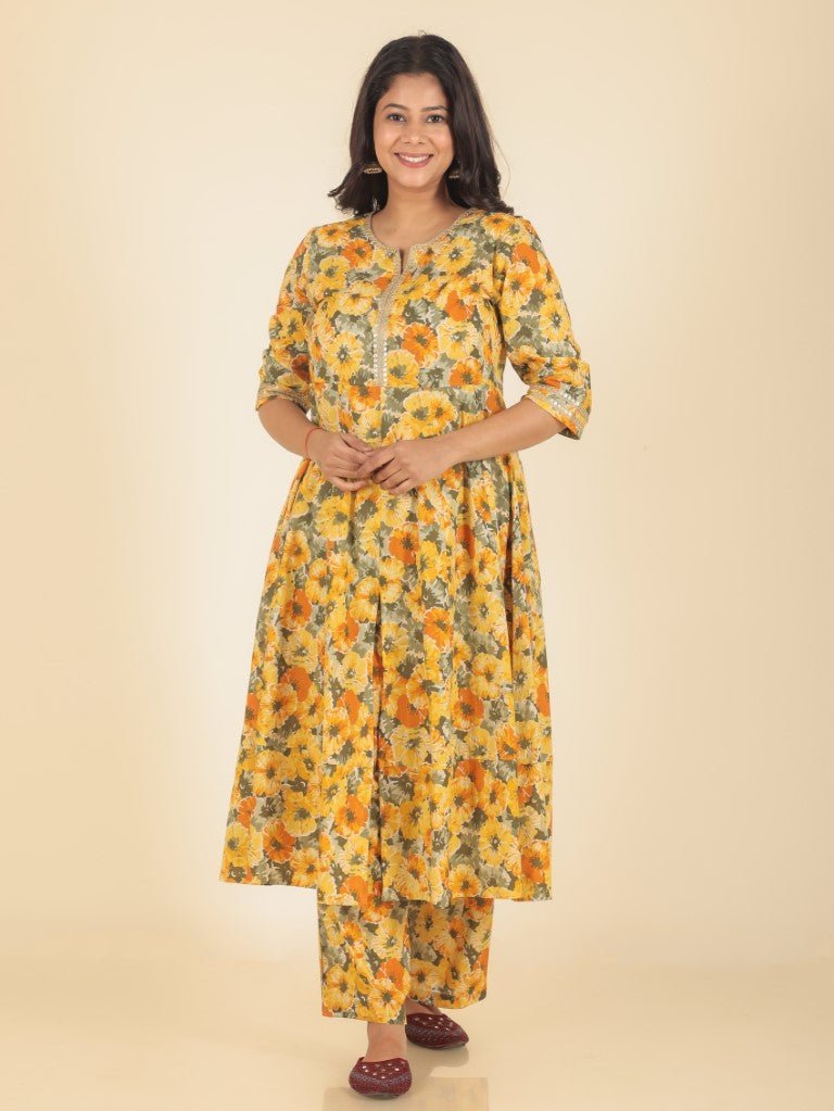 Aramya Anarkali Soft Cotton Floral Print Women's Kurta Set - Yellow - Distacart