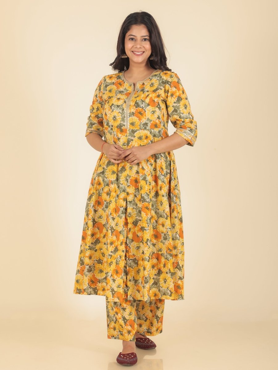 Aramya Anarkali Soft Cotton Floral Print Women's Kurta - Yellow - Distacart