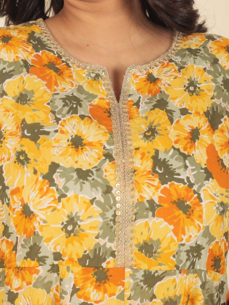 Aramya Anarkali Soft Cotton Floral Print Women's Kurta - Yellow - Distacart
