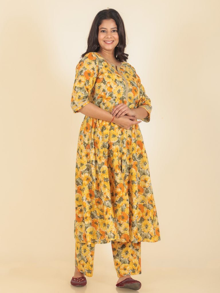 Aramya Anarkali Soft Cotton Floral Print Women's Kurta Set - Yellow - Distacart