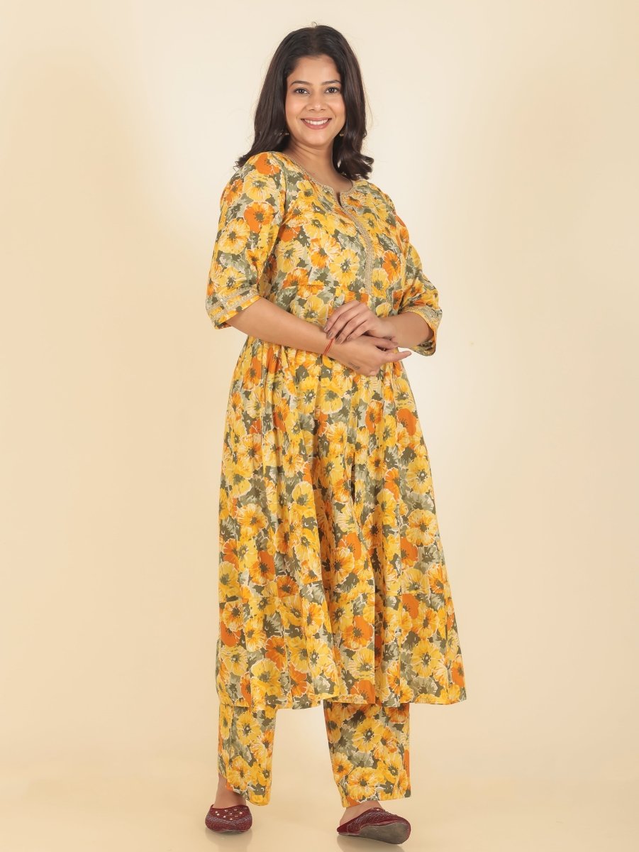 Aramya Anarkali Soft Cotton Floral Print Women's Kurta - Yellow - Distacart