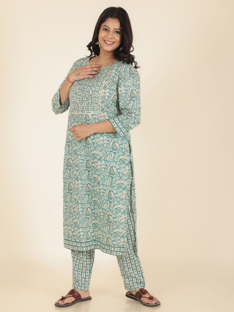 Aramya Straight Soft Cotton Paisley Print Women's Kurta Set - Green - Distacart