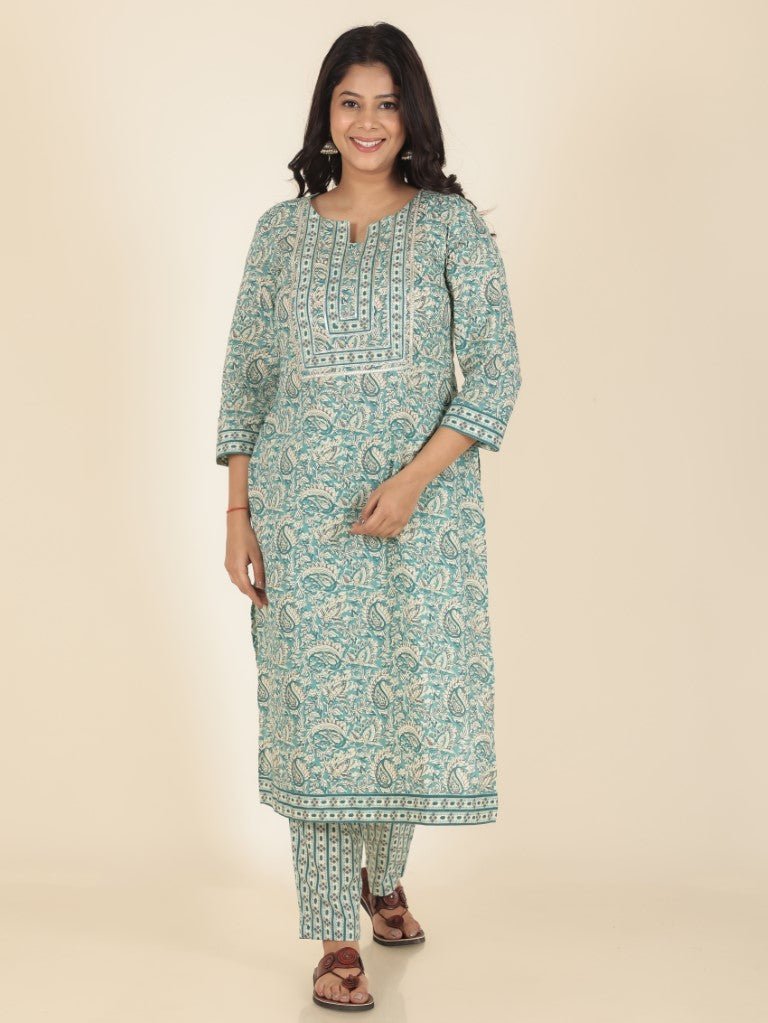 Aramya Straight Soft Cotton Paisley Print Women's Kurta Set - Green - Distacart