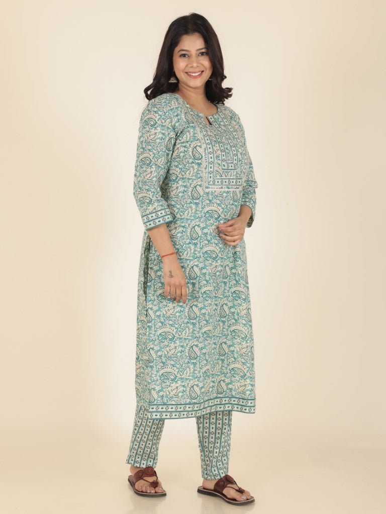 Aramya Straight Soft Cotton Paisley Print Women's Kurta Set - Green - Distacart