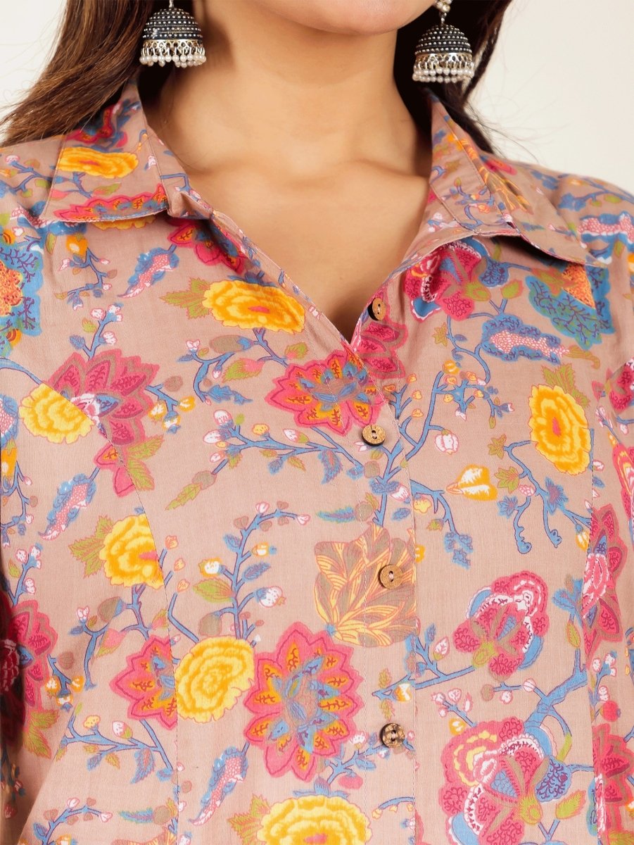 Aramya High Low Soft Cotton Floral Print Women's Kurta Set - Brown - Distacart