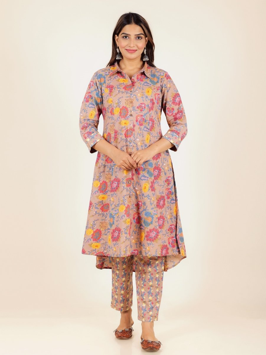 Aramya High Low Soft Cotton Floral Print Women's Kurta Set - Brown - Distacart