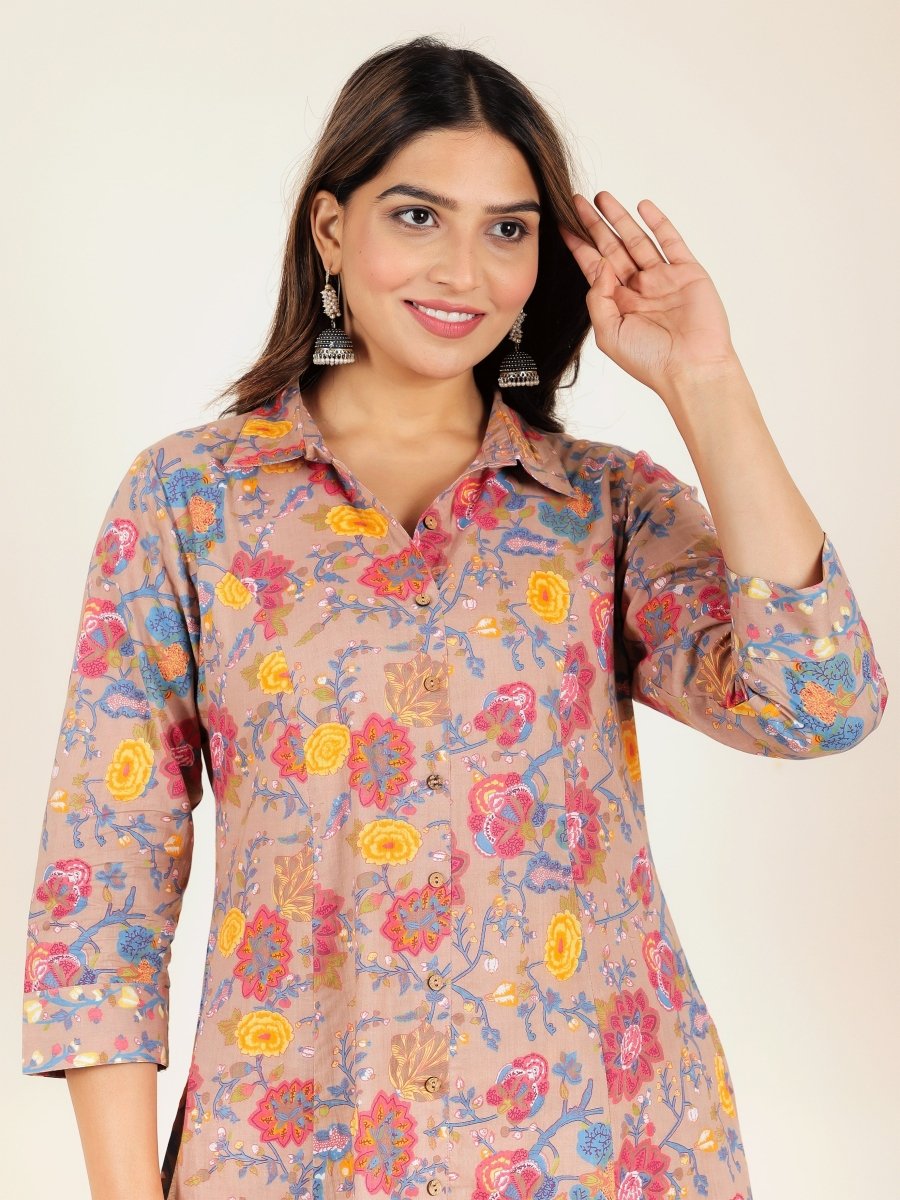 Aramya High Low Soft Cotton Floral Print Women's Kurta - Brown - Distacart