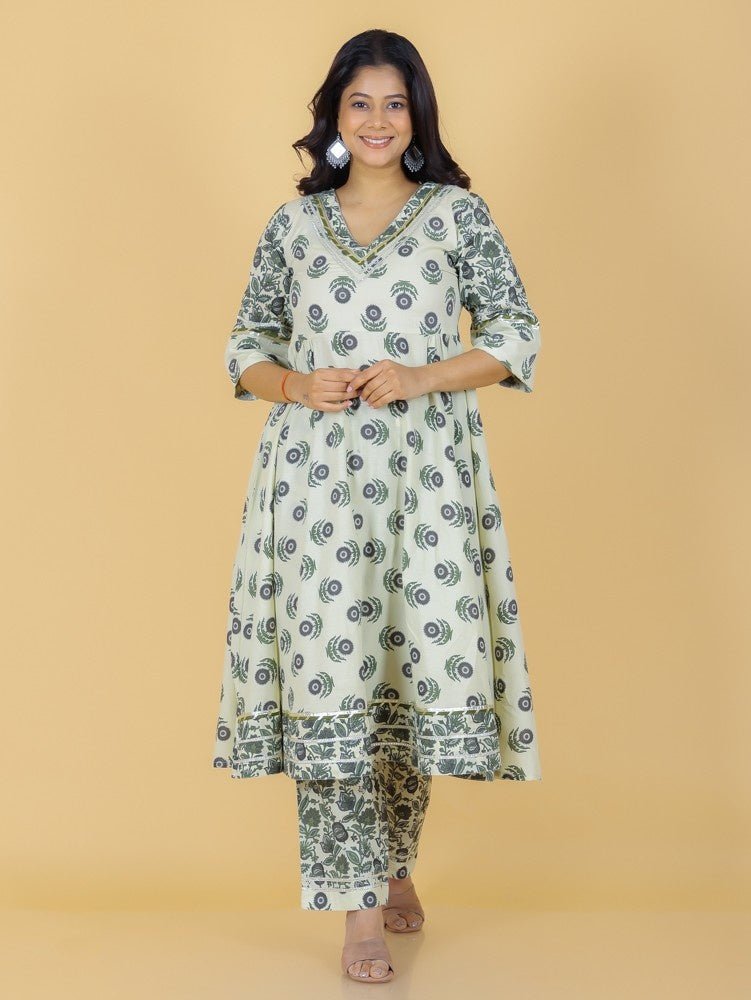 Aramya Flared Soft Cotton Block Print Women's Kurta Set - Off White - Distacart