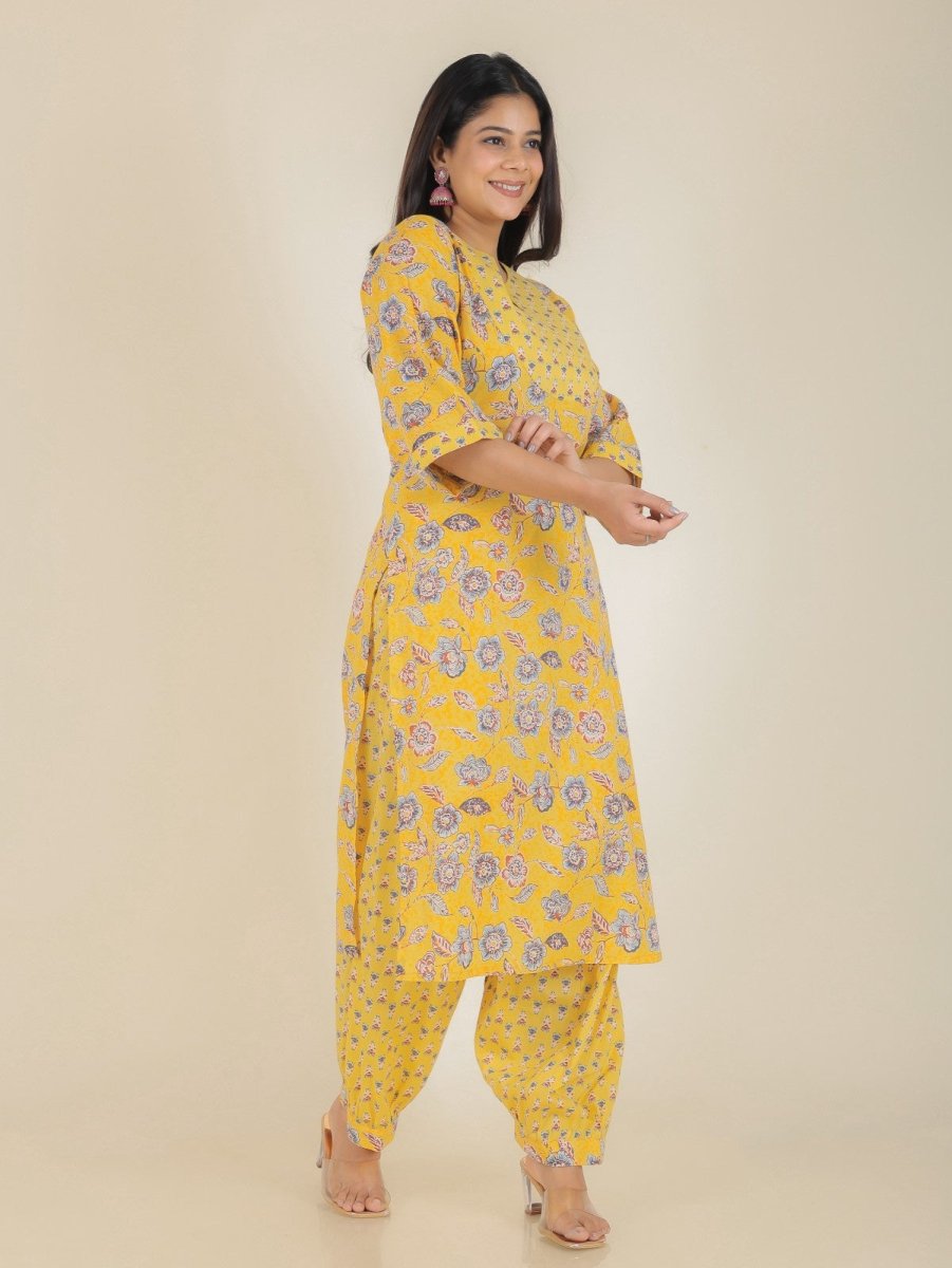 Aramya Straight Soft Cotton Floral Print Women's Kurta Set - Yellow - Distacart
