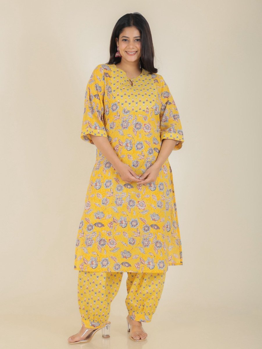 Aramya Straight Soft Cotton Floral Print Women's Kurta Set - Yellow - Distacart