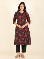 Thumbnail for Aramya A-line Soft Cotton Floral Print Women's Kurta - Black - Distacart