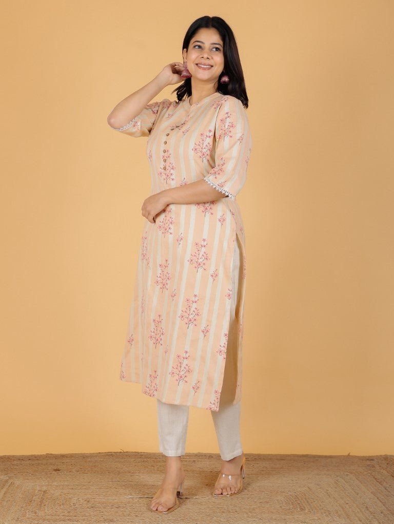 Aramya Straight Linen Cotton Floral Print Women's Kurta - Orange - Distacart