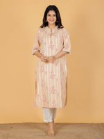 Thumbnail for Aramya Straight Linen Cotton Floral Print Women's Kurta Set - Orange - Distacart