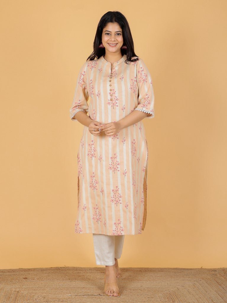 Aramya Straight Linen Cotton Floral Print Women's Kurta - Orange - Distacart
