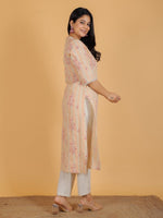 Thumbnail for Aramya Straight Linen Cotton Floral Print Women's Kurta Set - Orange - Distacart
