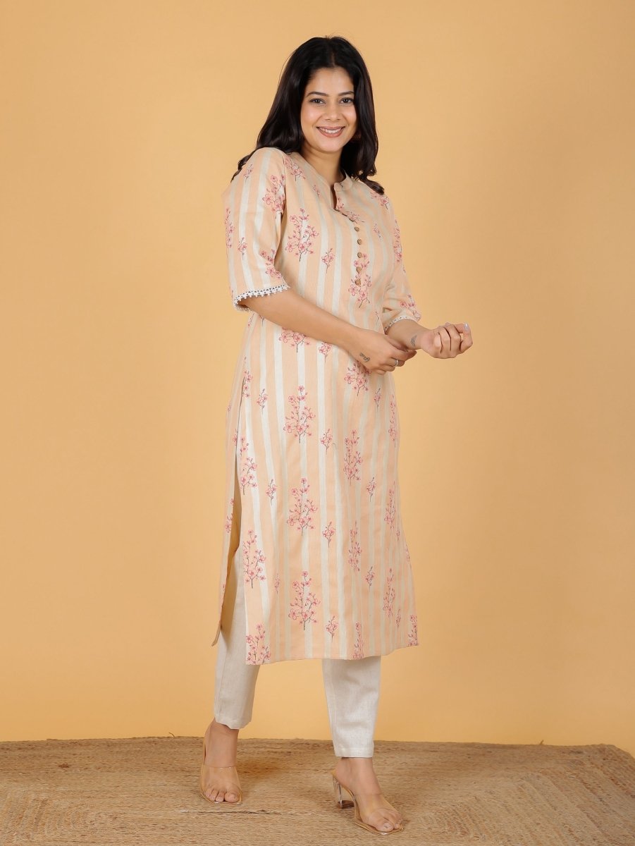 Aramya Straight Linen Cotton Floral Print Women's Kurta Set - Orange - Distacart