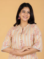 Thumbnail for Aramya Straight Linen Cotton Floral Print Women's Kurta Set - Orange - Distacart
