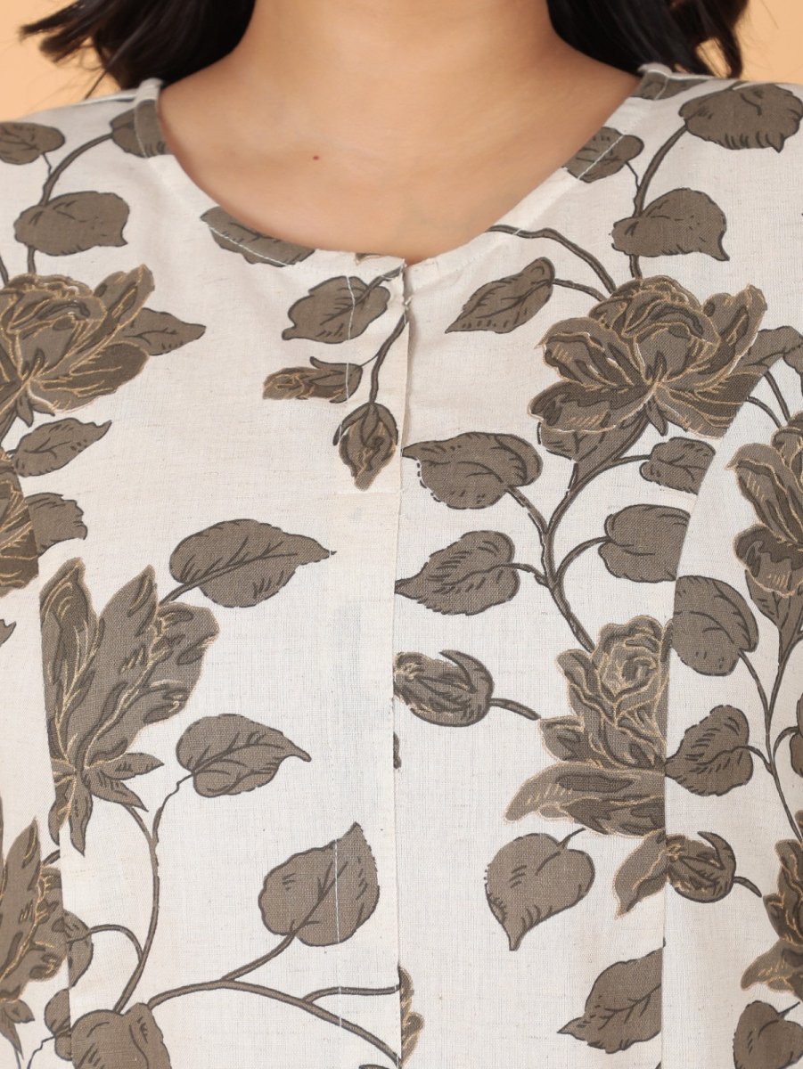 Aramya A-line Linen Cotton Floral Print Women's Kurta - White - Distacart