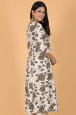 Thumbnail for Aramya A-line Linen Cotton Floral Print Women's Kurta Set - White - Distacart