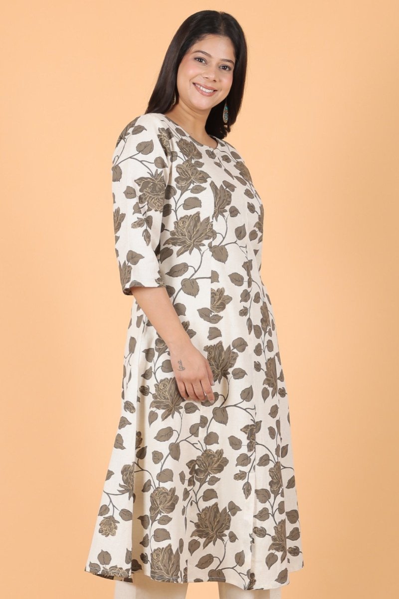 Aramya A-line Linen Cotton Floral Print Women's Kurta - White - Distacart