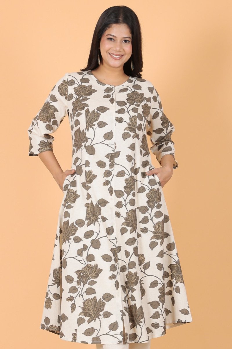 Aramya A-line Linen Cotton Floral Print Women's Kurta Set - White - Distacart