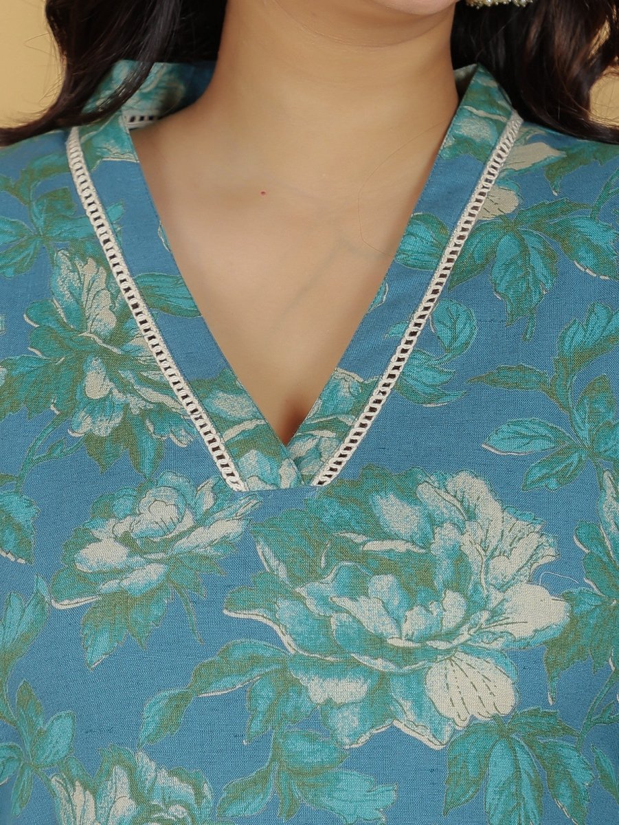 Aramya Straight Linen Cotton Floral Print Women's Kurta - Green - Distacart