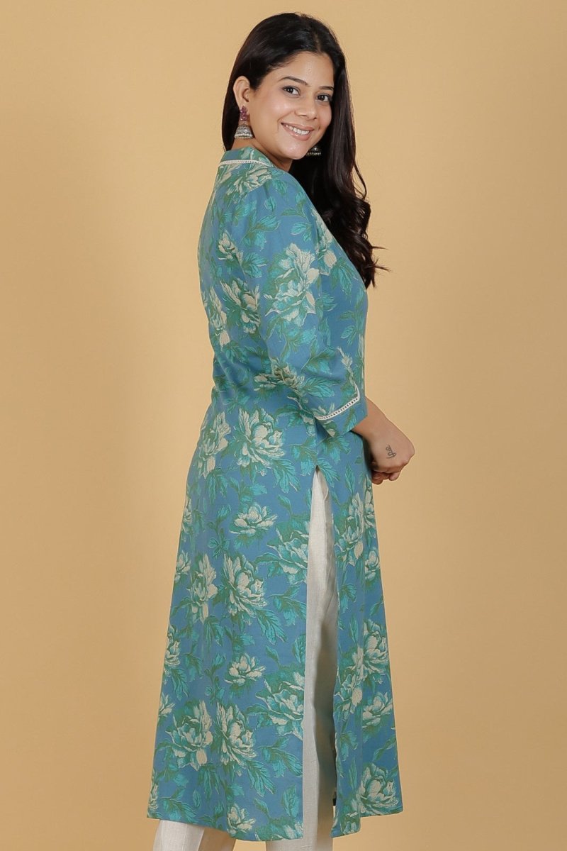 Aramya Straight Linen Cotton Floral Print Women's Kurta - Green - Distacart