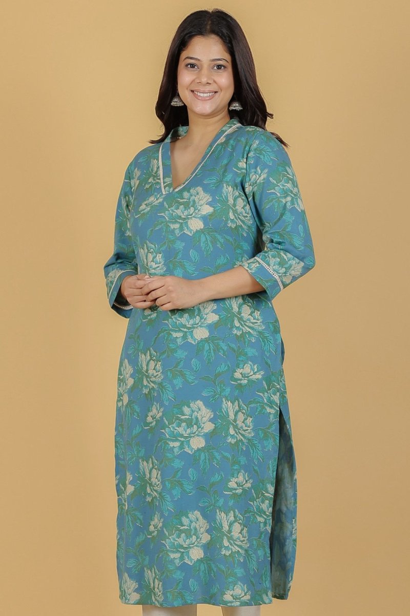 Aramya Straight Linen Cotton Floral Print Women's Kurta - Green - Distacart