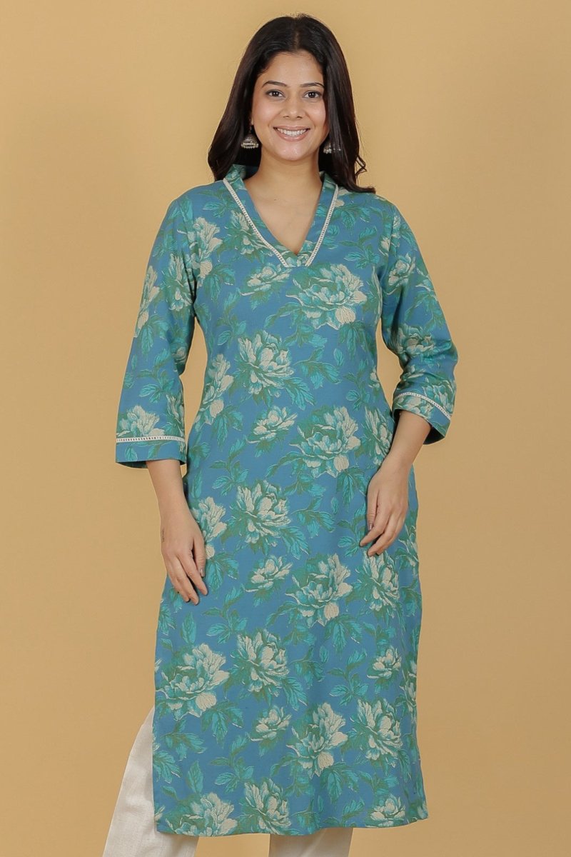 Aramya Straight Linen Cotton Floral Print Women's Kurta - Green - Distacart