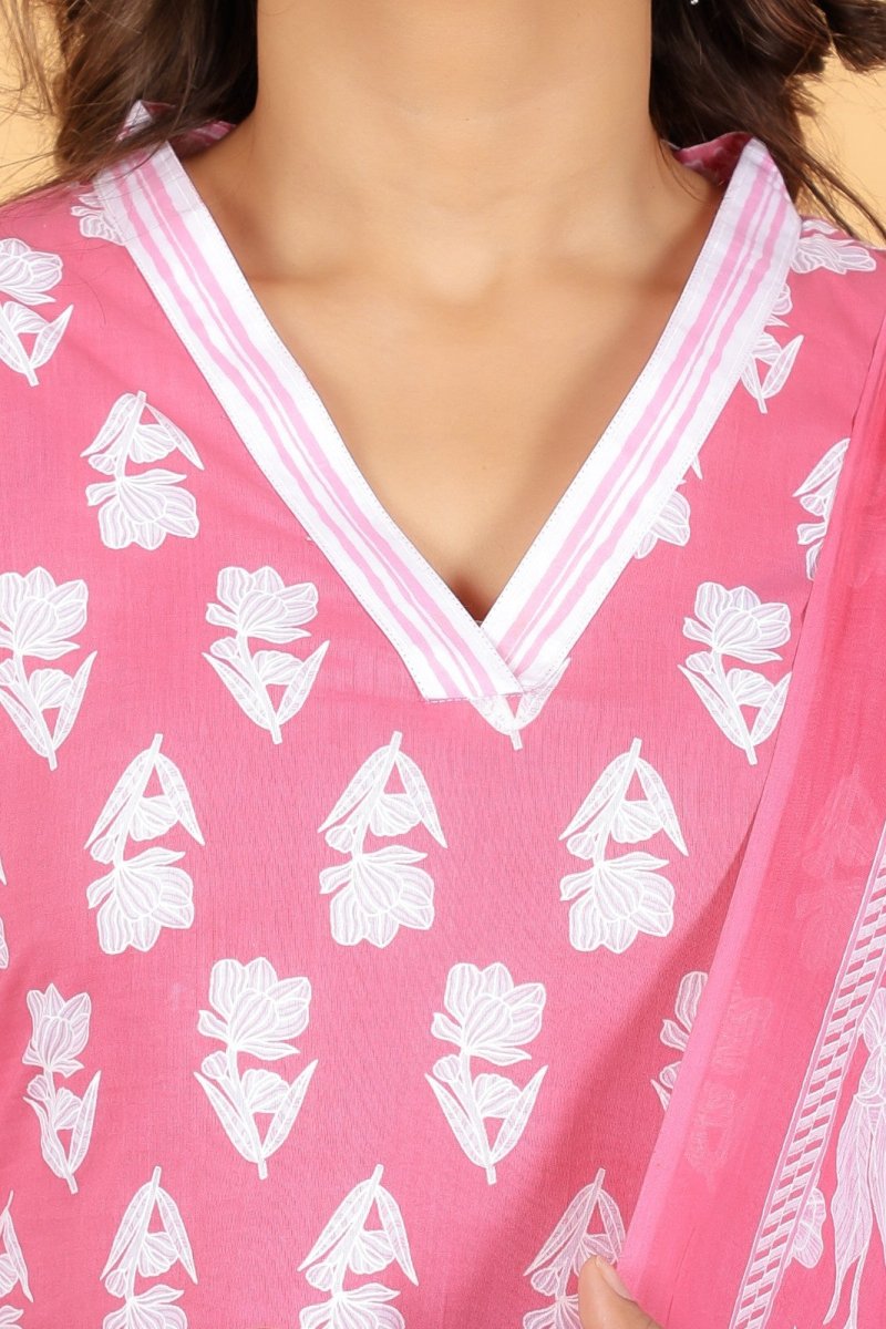 Aramya Straight Soft Cotton Floral Print Women's Kurta Set - Pink - Distacart