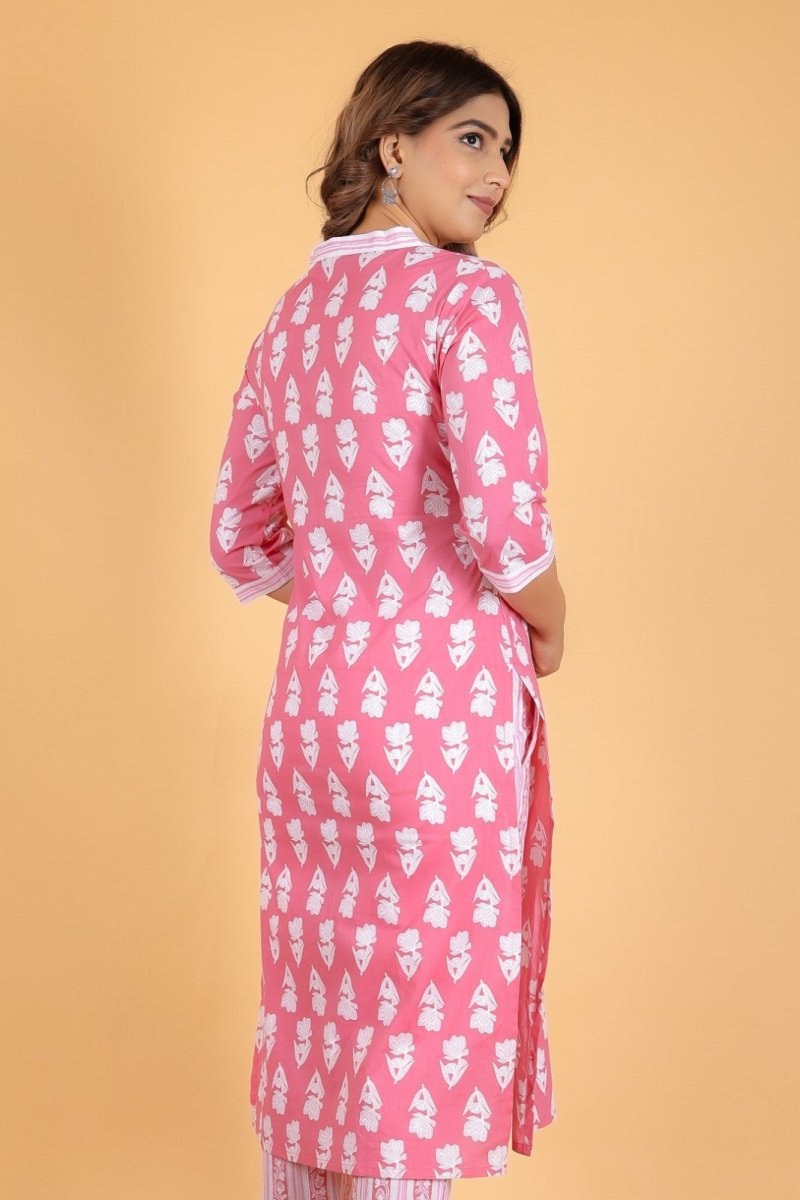 Aramya Straight Soft Cotton Floral Print Women's Kurta Set - Pink - Distacart