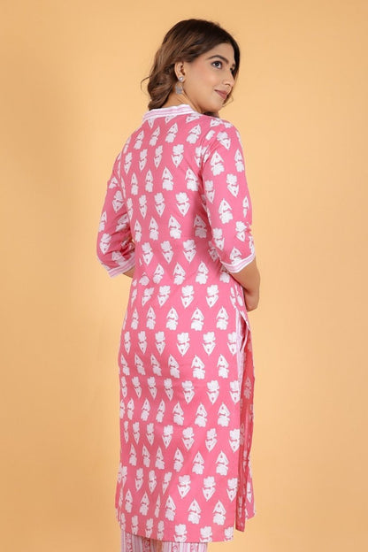 Aramya Straight Soft Cotton Floral Print Women's Kurta Set - Pink - Distacart