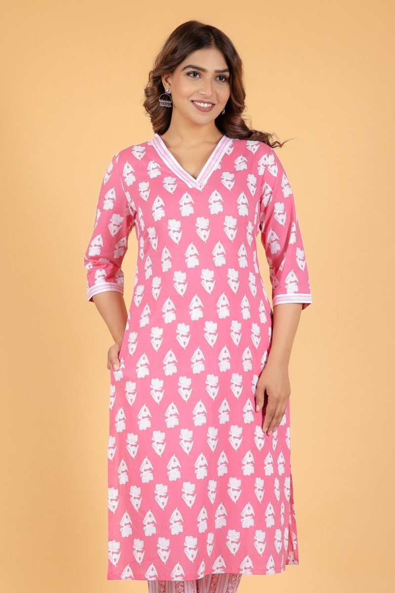 Aramya Straight Soft Cotton Floral Print Women's Kurta Set - Pink - Distacart